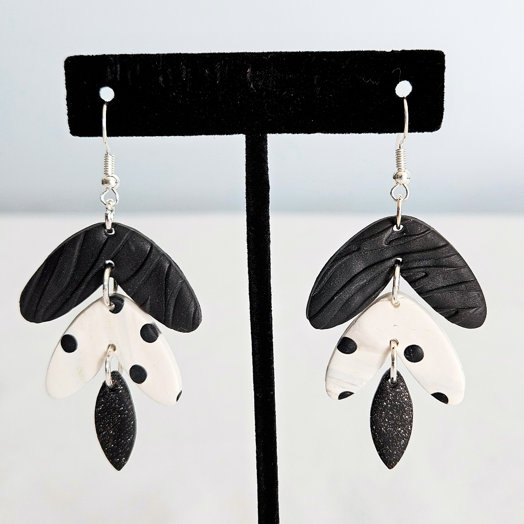 Sb Handmade 3-Tier Polymer Clay Black & White Spot Animal Print Sparkle Earrings